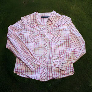 Aeropostale long-sleeve pink and white plaid western-style shirt with pearl snap